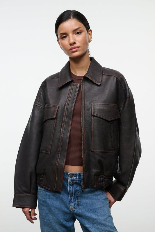 STAUD Eugene Leather Jacket Distressed Brown