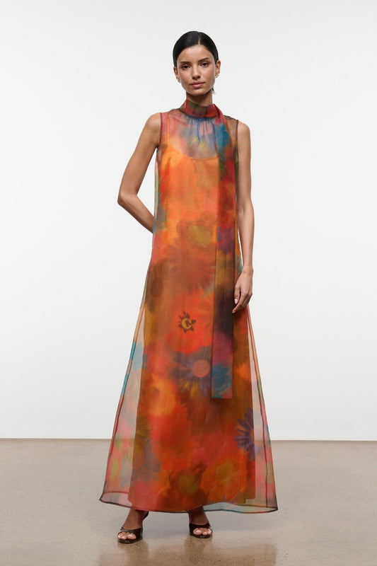 STAUD Albee Dress Multicolor Sheer Organza With High Neck