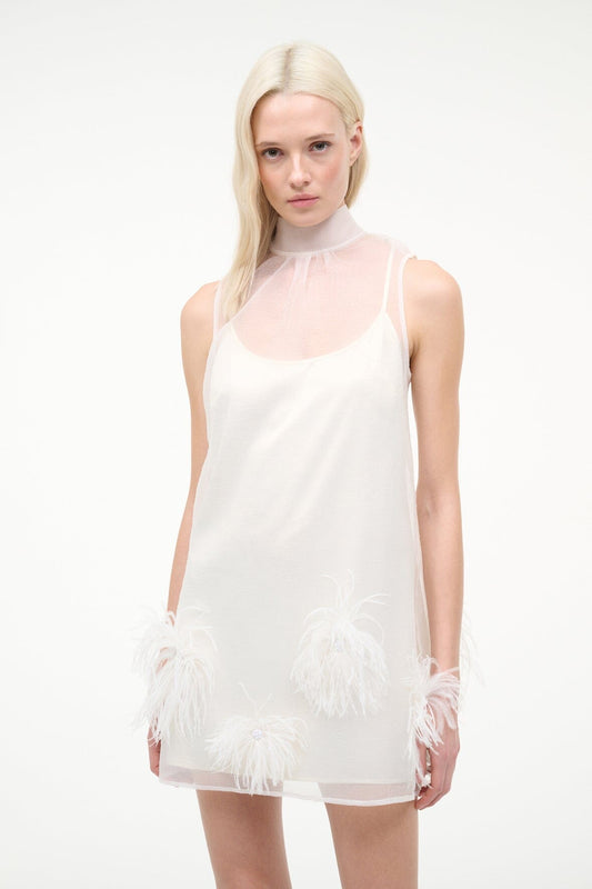 STAUD Albee Mini Dress In White - Sheer Organza With Feathers