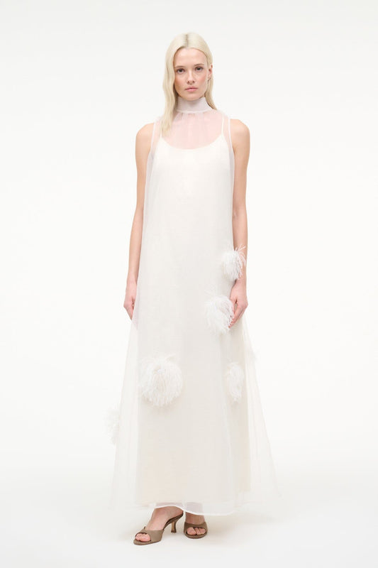 STAUD Albee White Gown - Sheer Organza With Feather Details