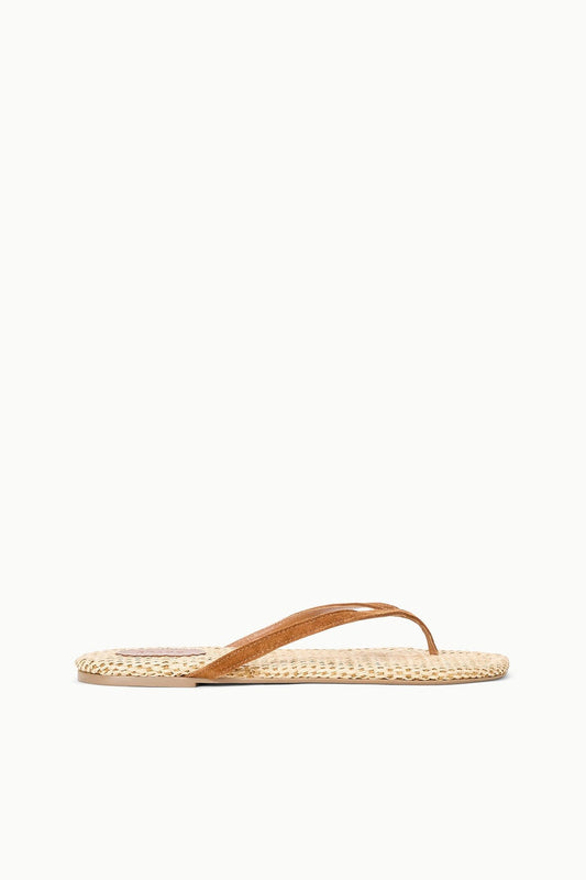 STAUD Tan Suede Freja Flip Flop Sandals With Raffia Footbed