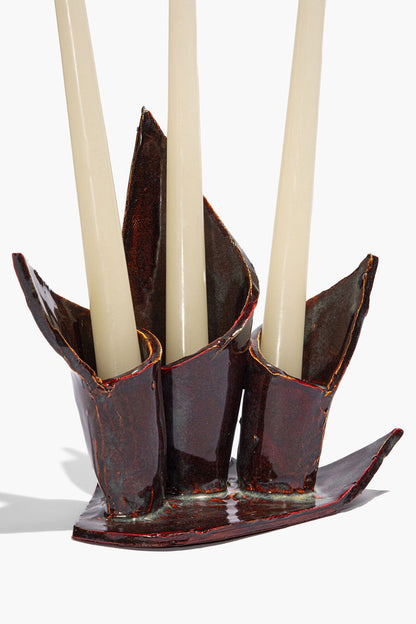 STAUD Ceramic Triple Candlestick Holder Maroon Wash Glaze