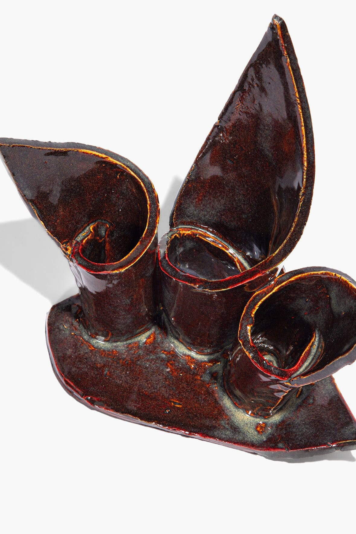 STAUD Ceramic Triple Candlestick Holder Maroon Wash Glaze