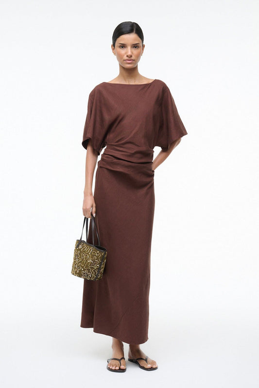 STAUD Amelie Linen Dress Dark Oak