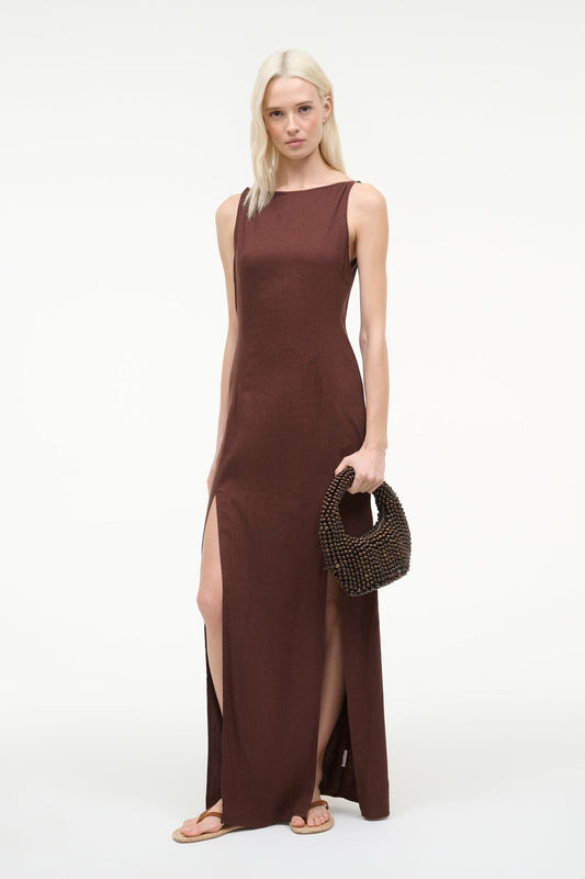 STAUD Costa Linen Dress Dark Oak