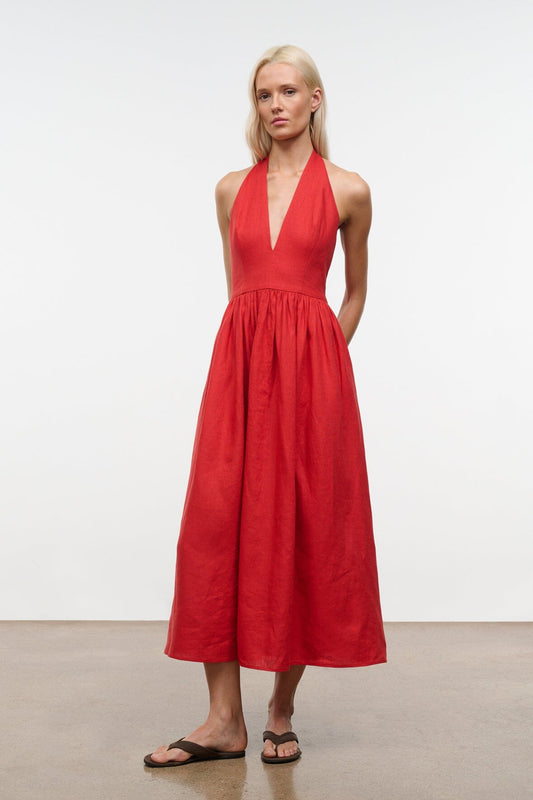 STAUD Grazia Linen Dress Tomato