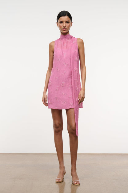 STAUD Albee Mini Dress In Beaded Pink Organza With Neck Tie Detail