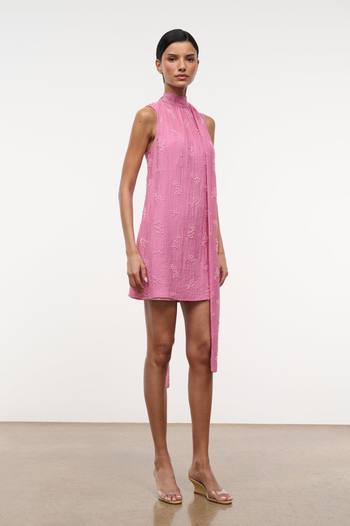 STAUD Albee Mini Dress In Beaded Pink Organza With Neck Tie Detail