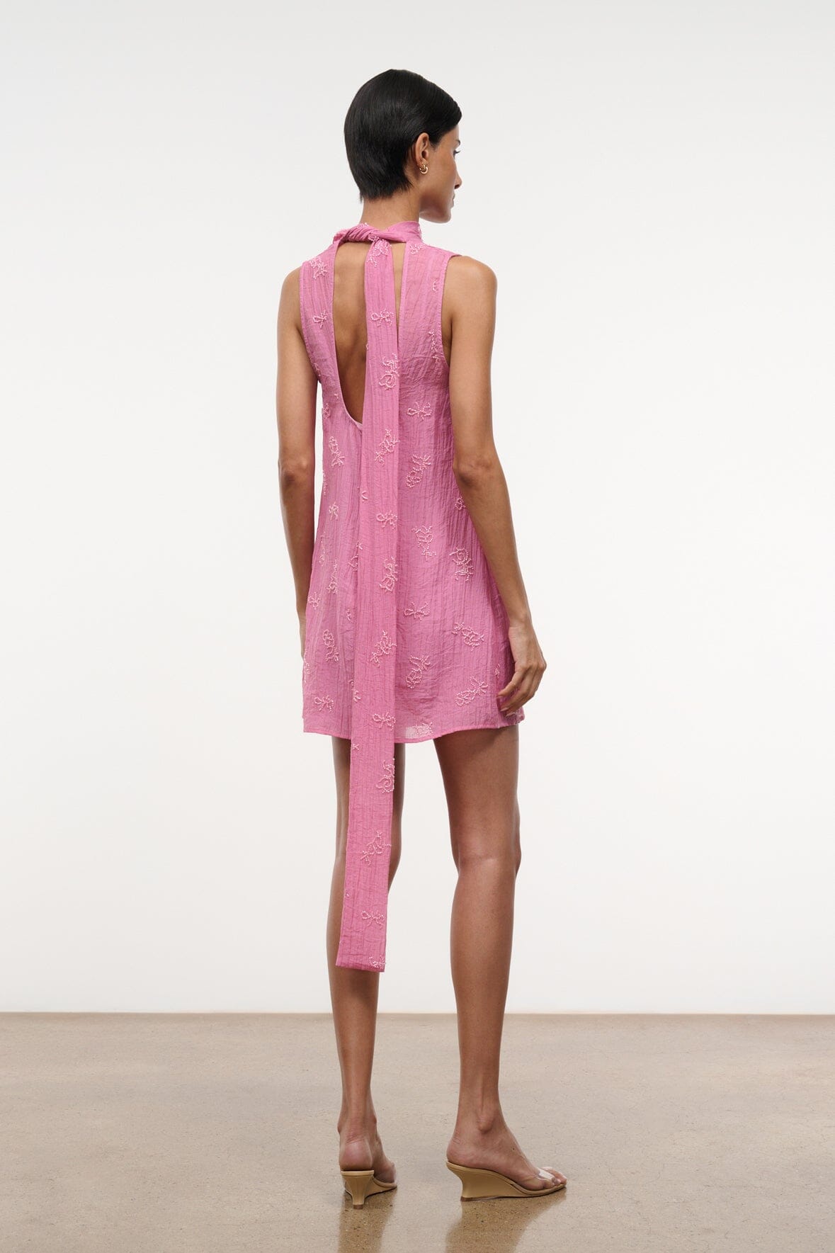 STAUD Albee Mini Dress In Beaded Pink Organza With Neck Tie Detail
