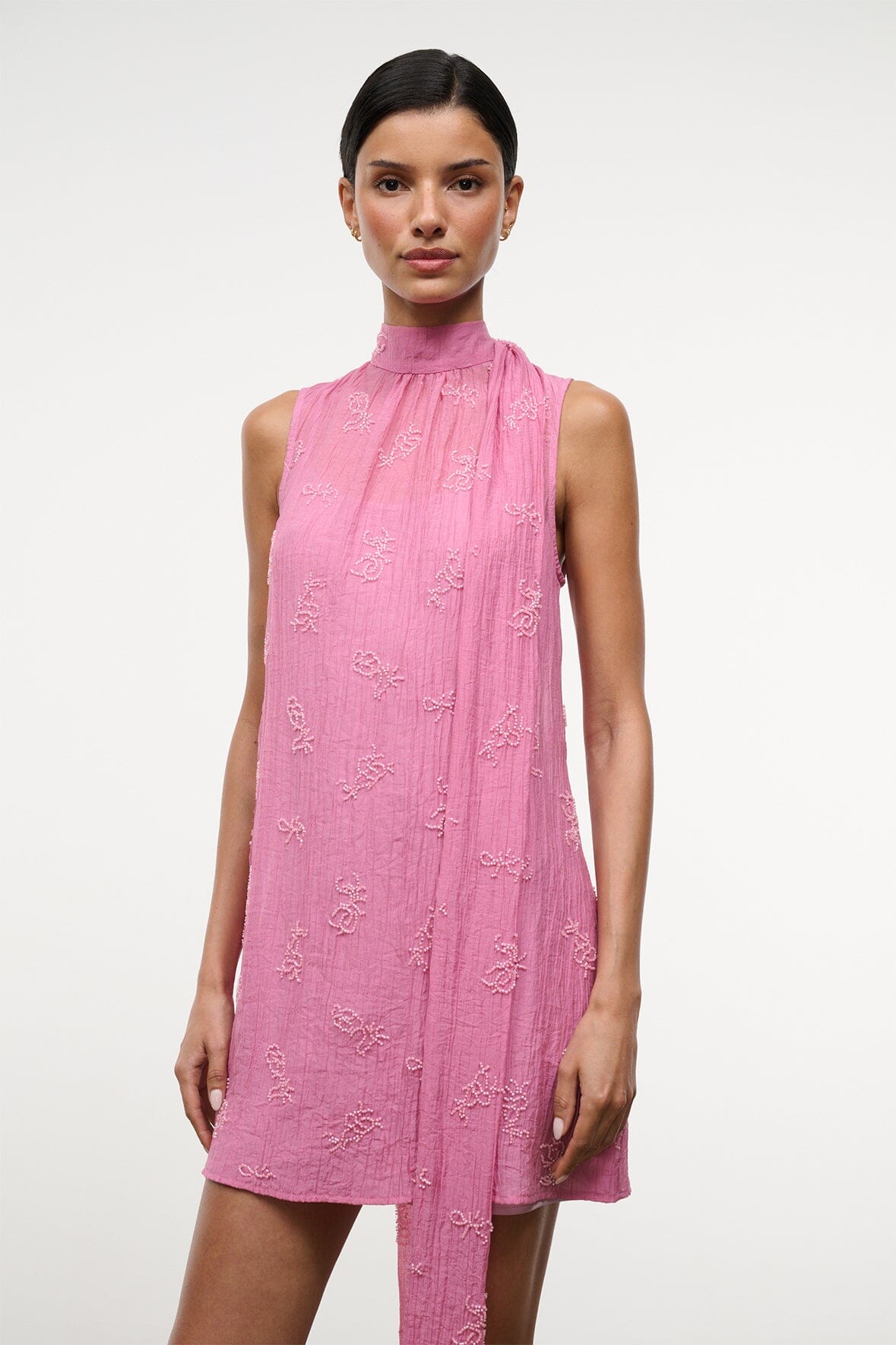 STAUD Albee Mini Dress In Beaded Pink Organza With Neck Tie Detail