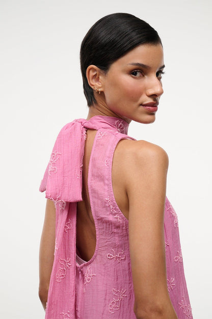 STAUD Albee Mini Dress In Beaded Pink Organza With Neck Tie Detail