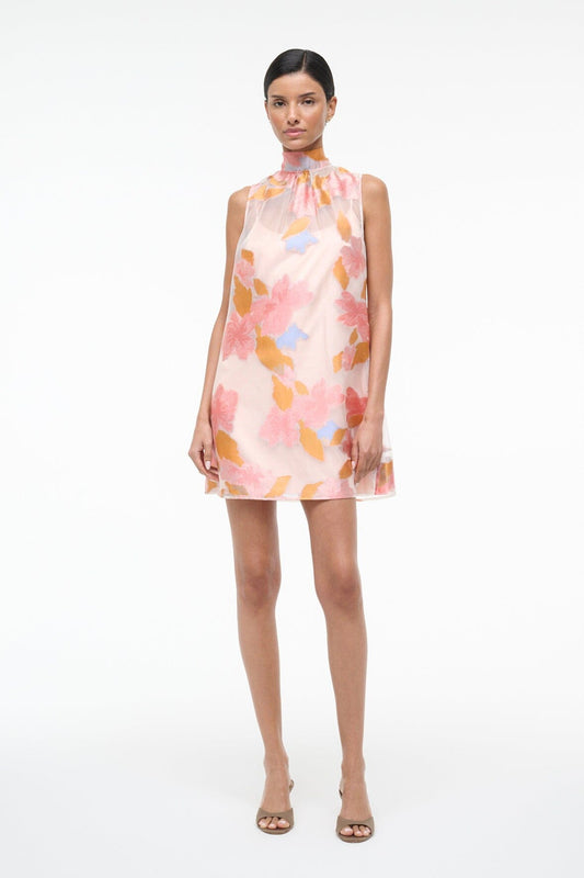 STAUD Albee Mini Dress: Sheer Floral Organza With High Neck