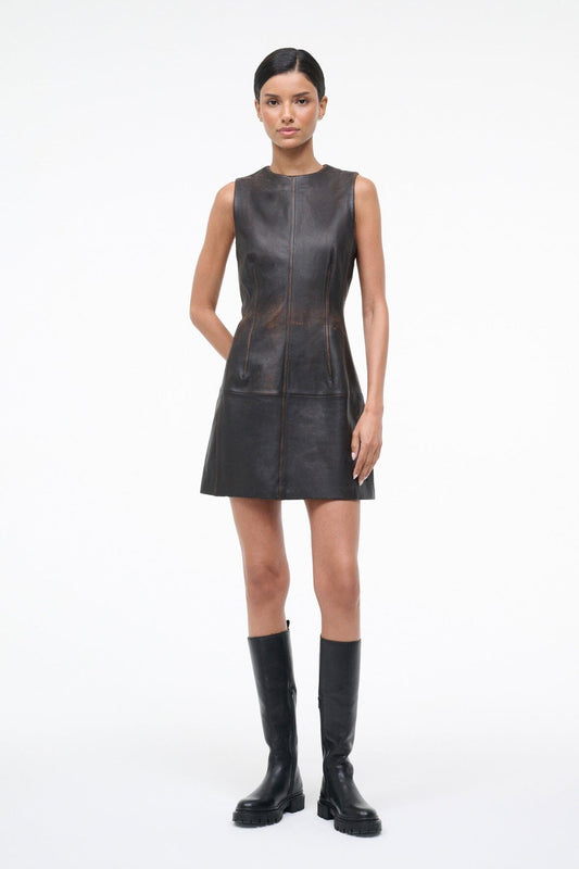 STAUD Binx Leather Dress Distressed Brown