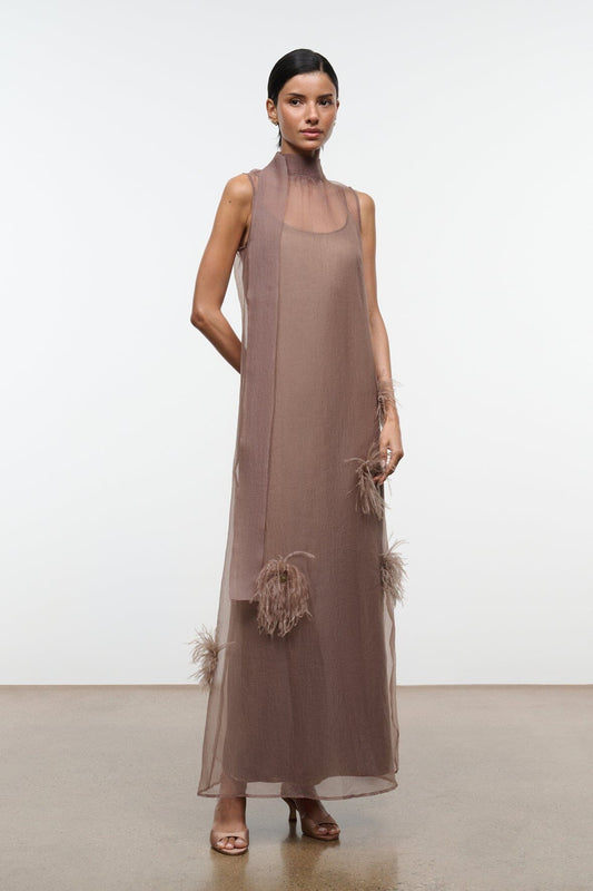 STAUD Albee Dress In Truffle - Sheer Organza With Feather Details
