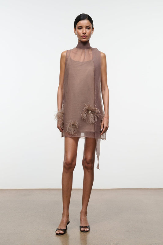 STAUD Albee Mini Dress In Truffle - Sheer Organza Overlay
