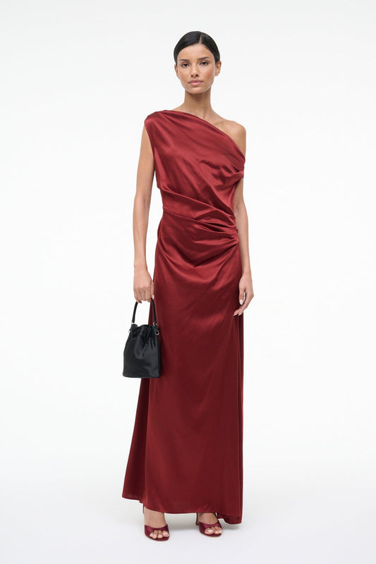 STAUD Maxi Phare Silk Dress Sangria