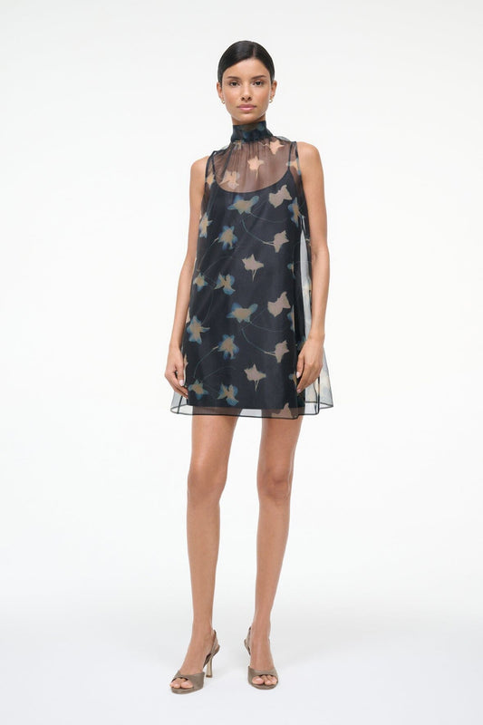 STAUD Albee Mini Dress - Dark Floral Sheer Organza With High Neck