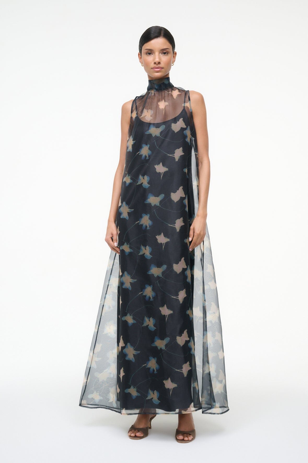 STAUD Albee Dress - Sheer Dark Floral Organza With High Neck
