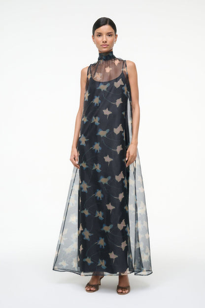 STAUD Albee Dress - Sheer Dark Floral Organza With High Neck