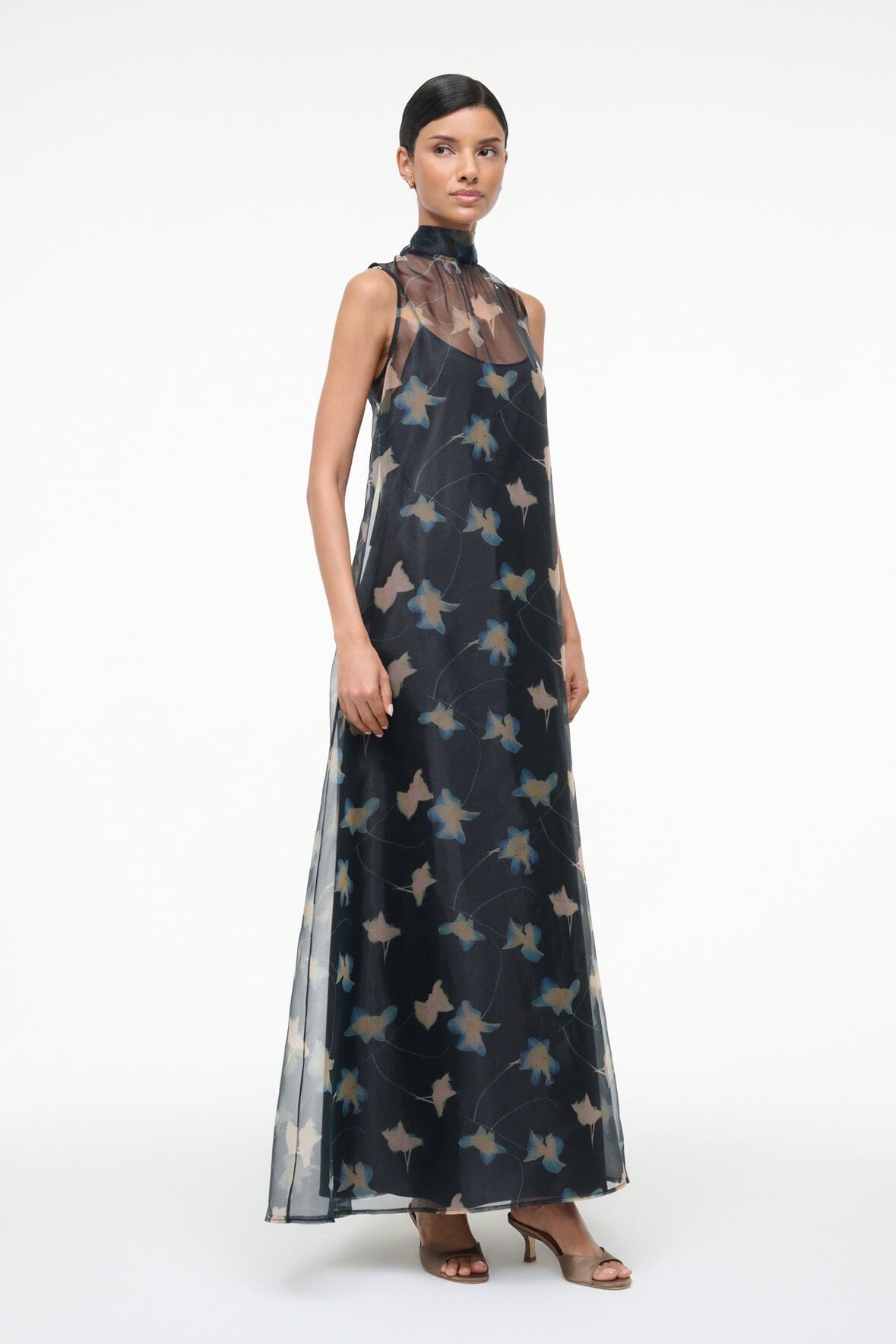 STAUD Albee Dress - Sheer Dark Floral Organza With High Neck