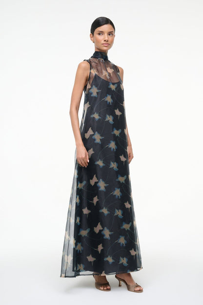 STAUD Albee Dress - Sheer Dark Floral Organza With High Neck