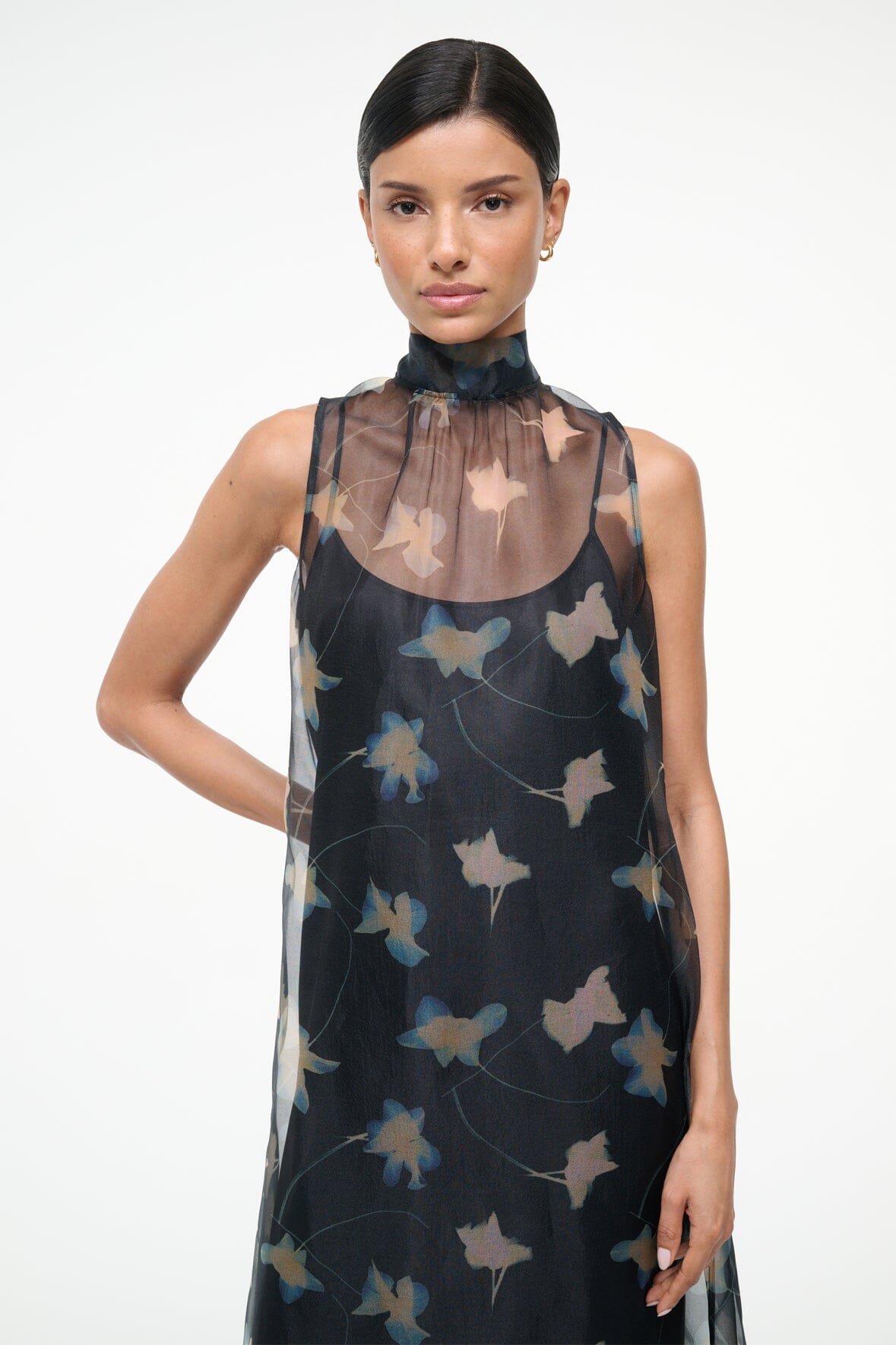 STAUD Albee Dress - Sheer Dark Floral Organza With High Neck