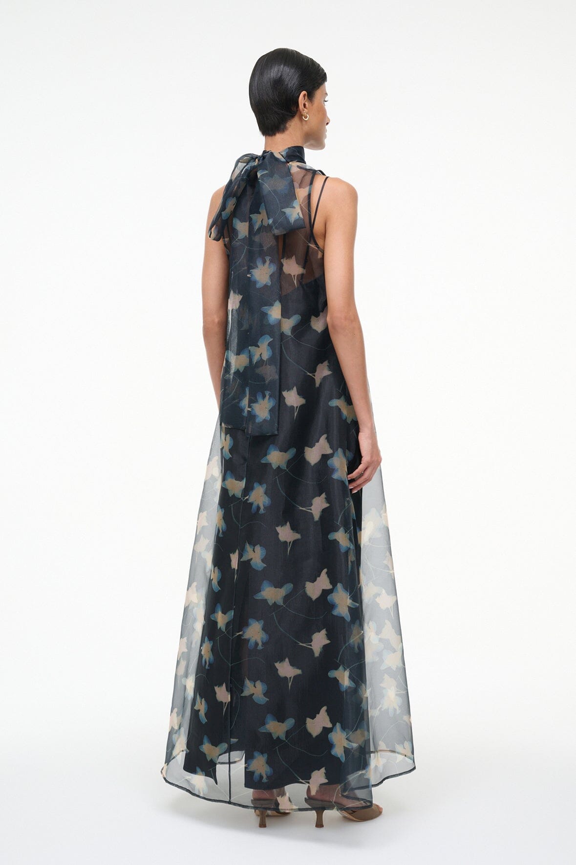 STAUD Albee Dress - Sheer Dark Floral Organza With High Neck