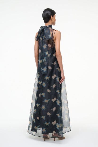 STAUD Albee Dress - Sheer Dark Floral Organza With High Neck