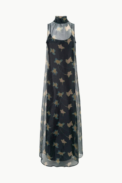 STAUD Albee Dress - Sheer Dark Floral Organza With High Neck