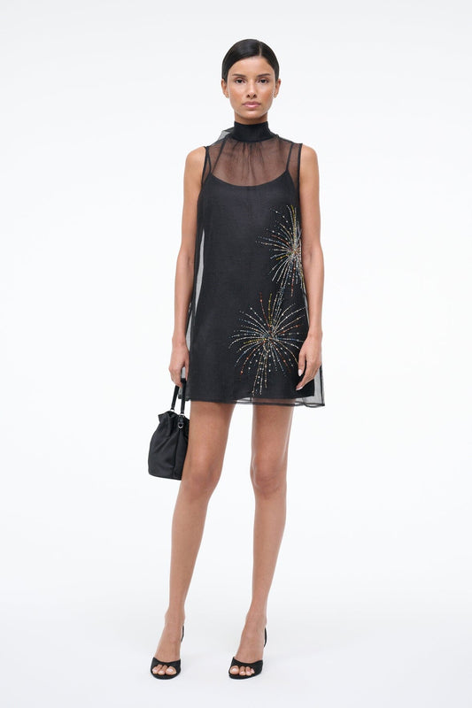 STAUD Albee Mini Dress In Sheer Black Beaded Organza