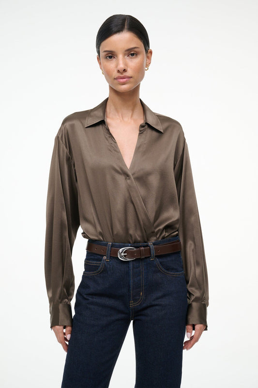 STAUD Eve Silk Bodysuit Taupe