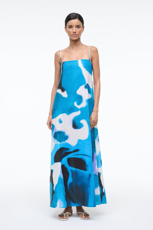STAUD Laura Linen Dress Blue Haze